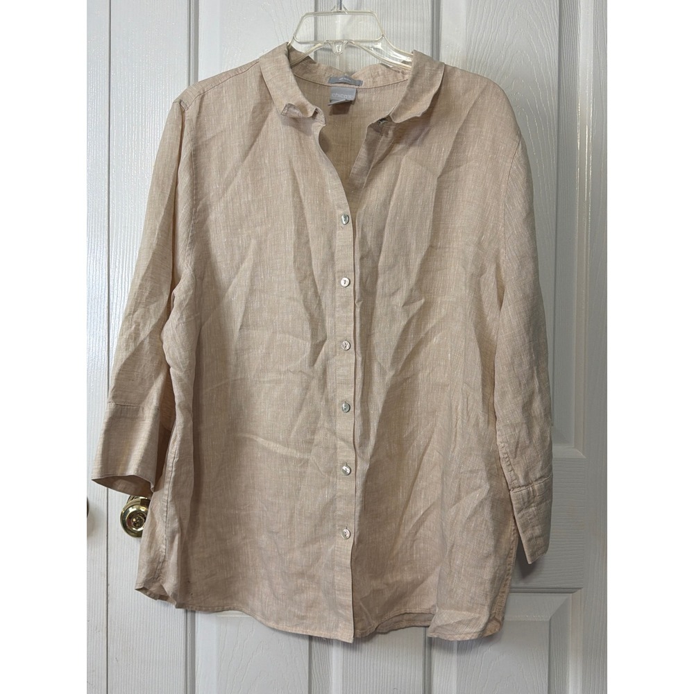 Chicos No Iron 100% Linen Shirt Beige Tan Button Down 3/4 Sleeve Size 3.5 XL 18